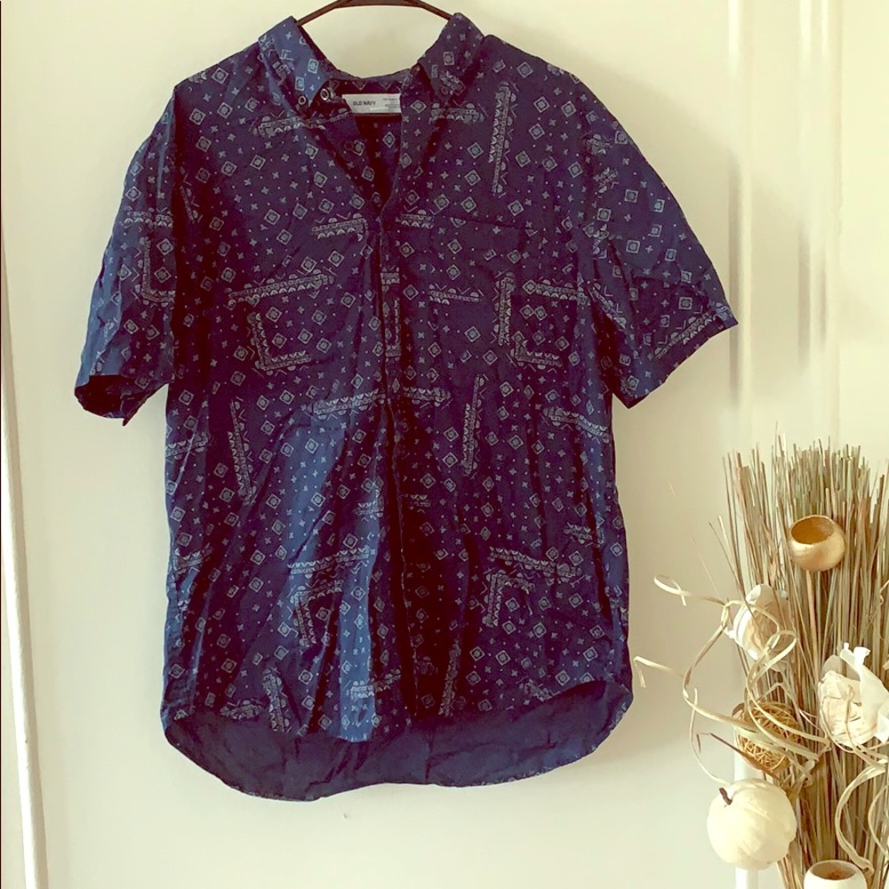 Button down blue and white shirt with prints